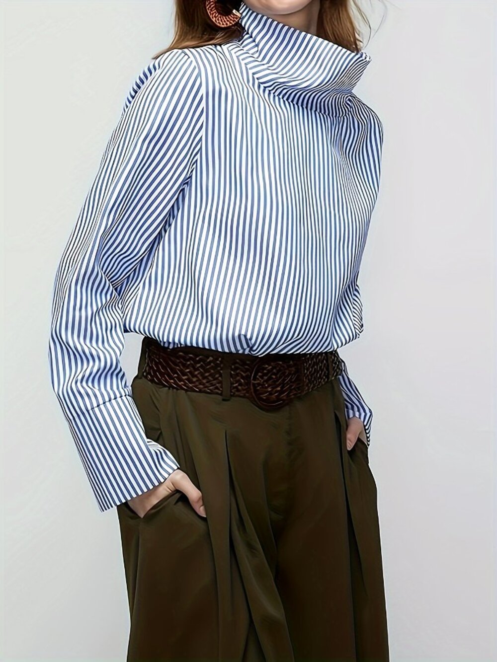 Striped Button Detail Sleeve Mock Neck Blouse - Picture 2 of 4